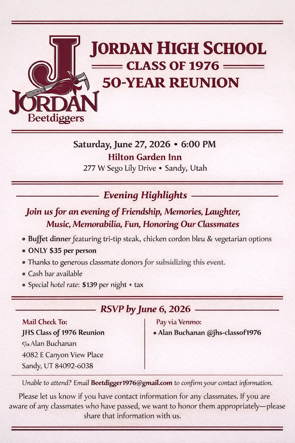 Jordan High Class of 1976: 50-Year Reunion flyer